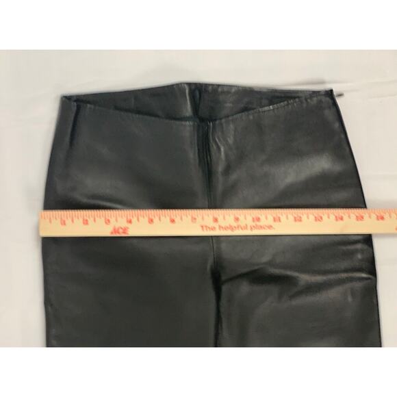 Black Italian Leather Straight Leg Side Zip Mid Rise Flat Front Leather Pants 4 - Picture 3 of 11